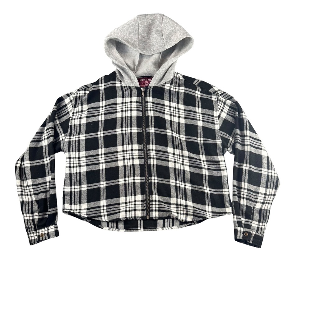 Hippie Rose Womens Small Black White Plaid Full Zip Hooded Flannel Jacket Small